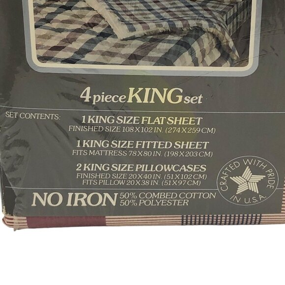 VTG St. Mary’s Shirting Plaid 4-Piece King Sheet Set Red Blue Cabin Cottagecore - Picture 2 of 8